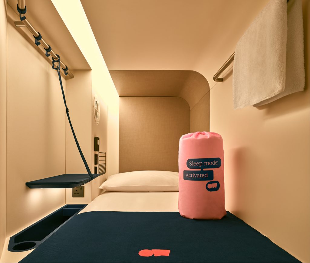 Inside of single nest capsule at Otherwander Soho Pod Hotel